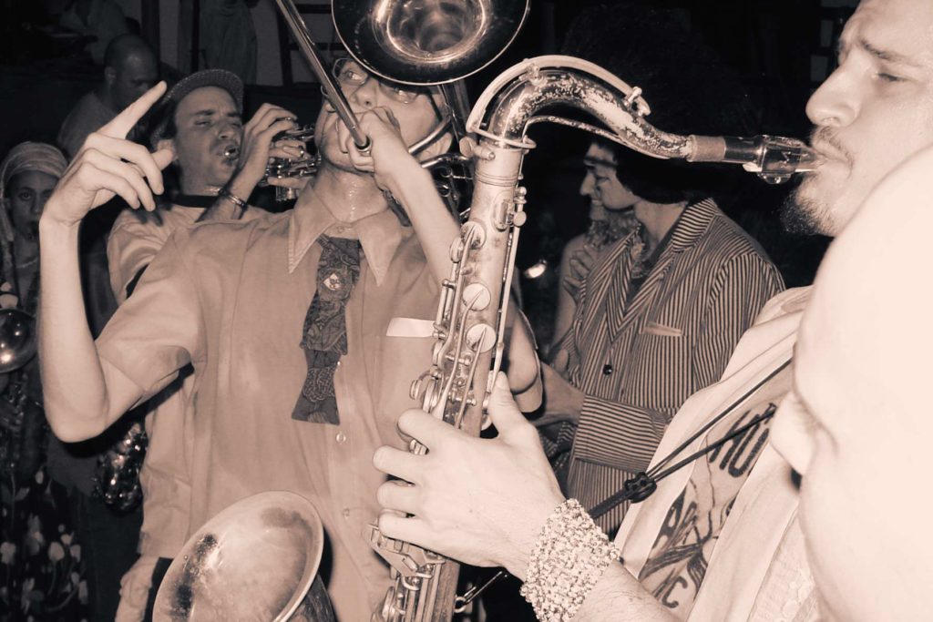 Musicians play at a protest event during the 2004 Republican National Convention.