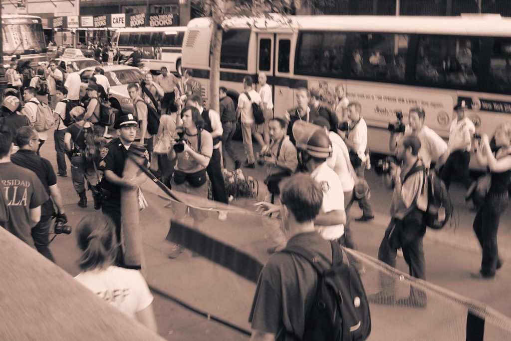 New York City police unspool crowd control nets in 2004 during protests against the Republican National Convention.